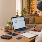 Woman planning a festive shopping budget and monthly expenses