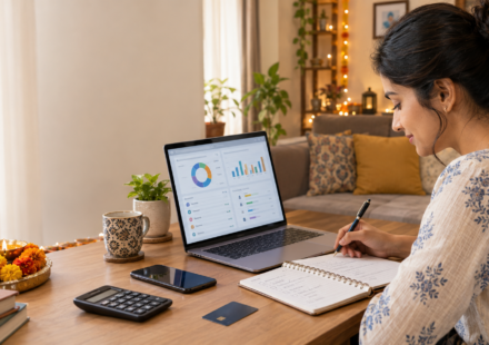 Woman planning a festive shopping budget and monthly expenses