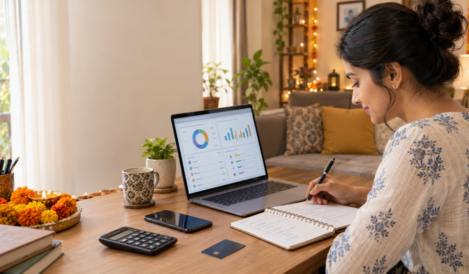 Woman planning a festive shopping budget and monthly expenses