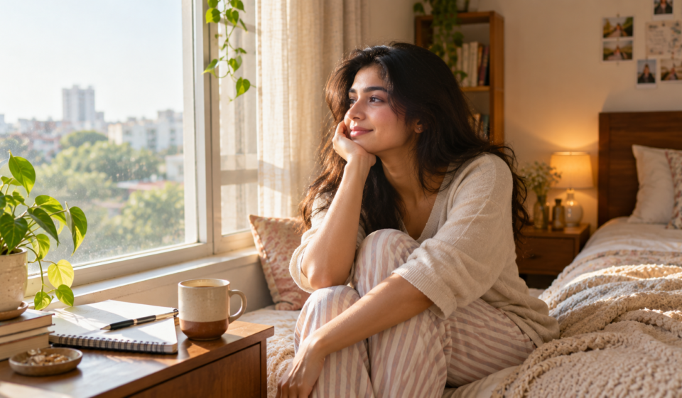Young woman starting a simple morning routine at home