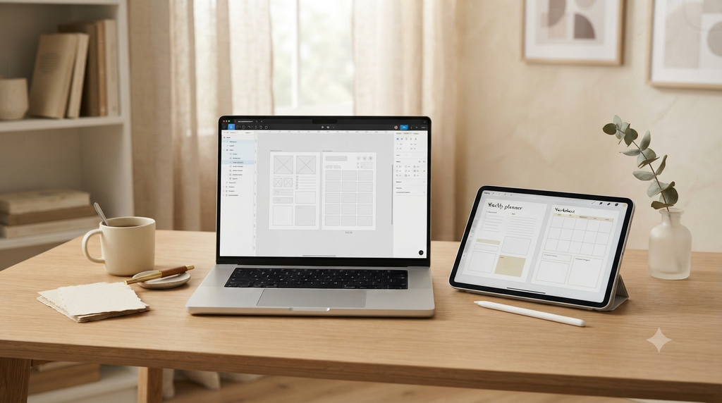 Digital planner templates and creator resources being designed on a tablet