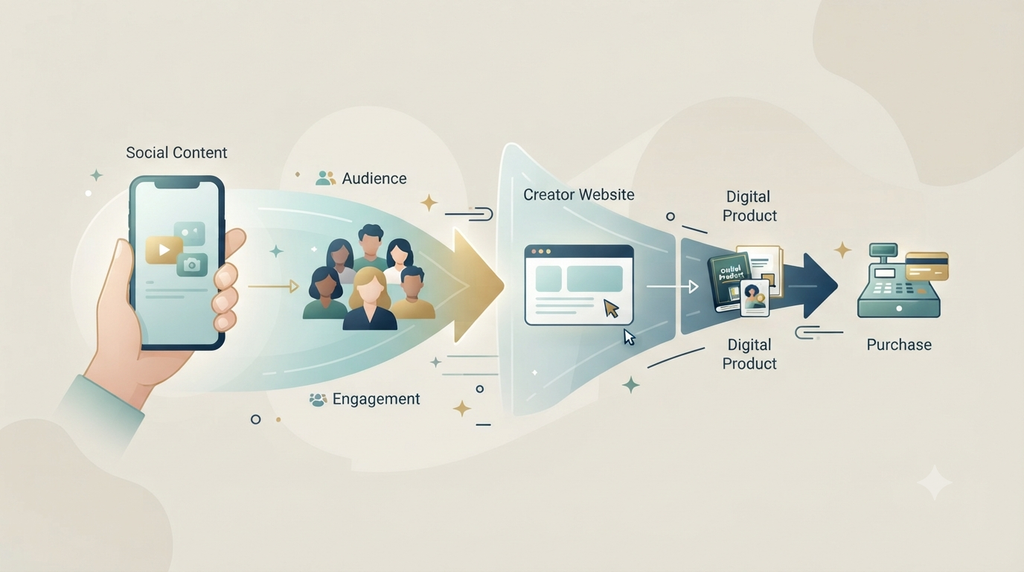 Creator business funnel from Instagram content to website and digital product sales