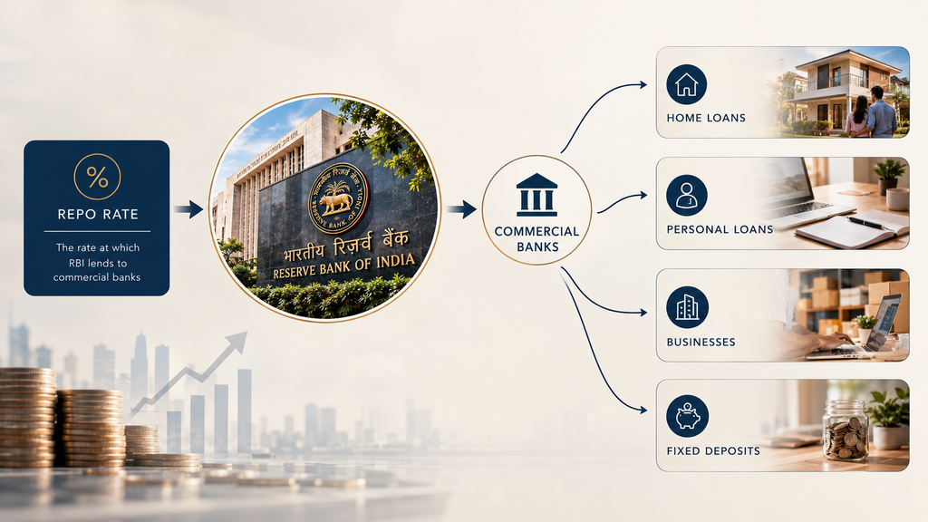 Diagram showing how the RBI repo rate affects banks loans and deposits