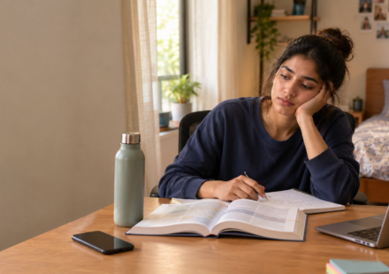 Student putting away a phone to focus on studying