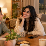 Woman putting her phone aside and enjoying a conversation with family and friends
