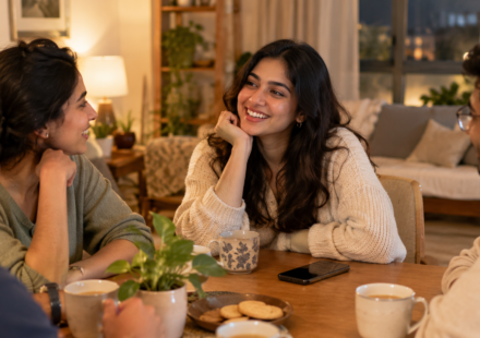 Woman putting her phone aside and enjoying a conversation with family and friends