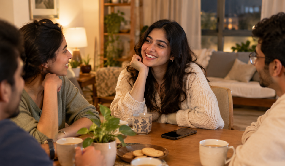 Woman putting her phone aside and enjoying a conversation with family and friends